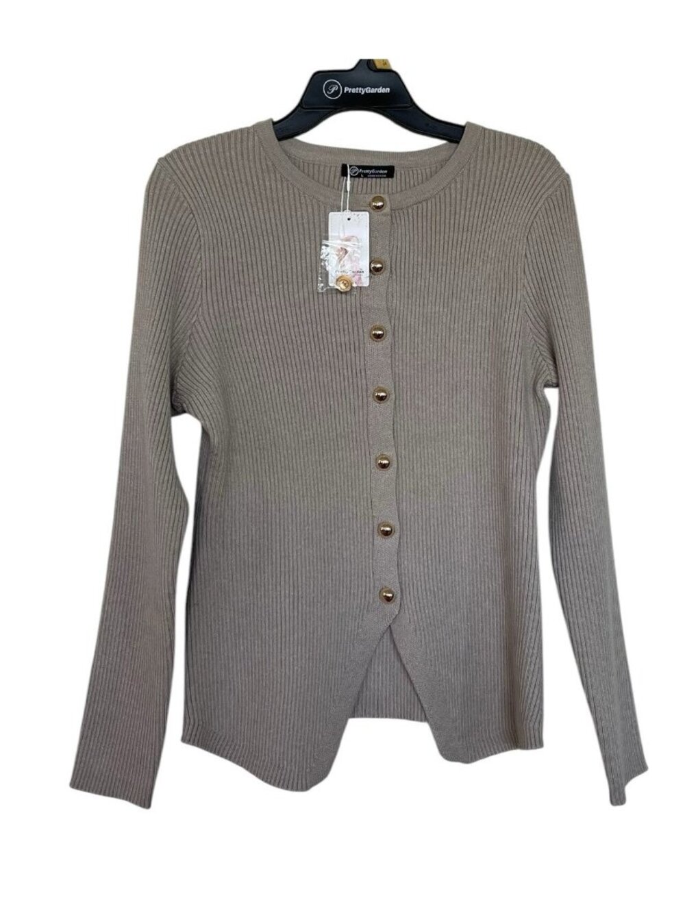 Pretty Garden Cardigan‎ Sweater Womens Size Large Ribbed Gold Buttons Beige
